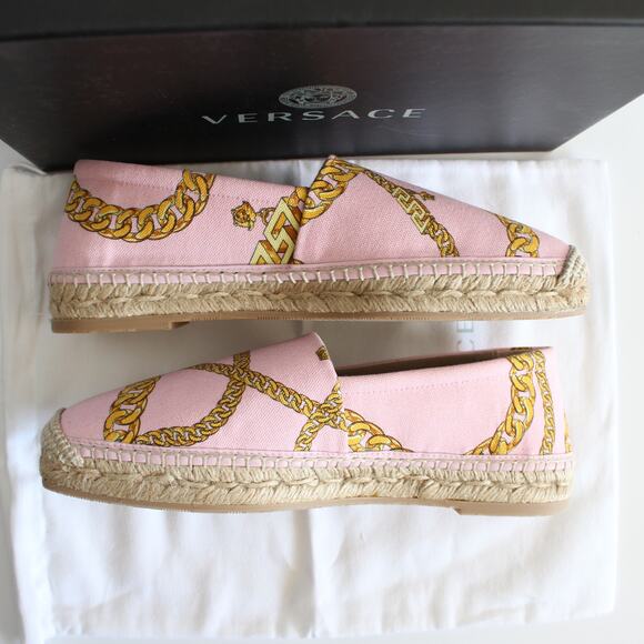 New Versace Pink & Gold Chain Graphic-Print Canvas Slip-On Espadrilles - Picture 6 of 14